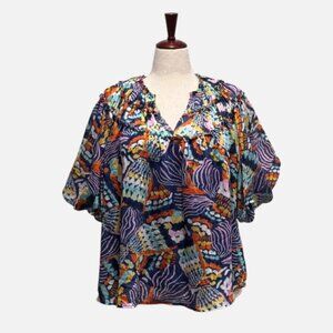Entro Boho Ruffle V-Neck Colorful Abstract Print Puff Sleeves Blouse (Size S)